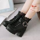 Lace Trim Chunky-heel Platform Lace-up Short Boots