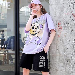 Set: Short-sleeve Bear Print T-shirt + Shorts