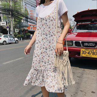 Set: Short-sleeve Top + Spaghetti Strap Floral Print Midi Dress