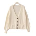 Open-front Button Rib-knit Cardigan