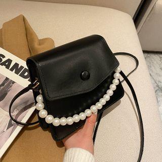 Faux Leather Flap Faux Pearl Strap Crossbody Bag