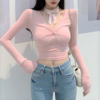 Long-sleeve Mesh Panel Knit Crop Top