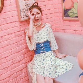 Cold Shoulder Printed 3/4-sleeve A-line Dress