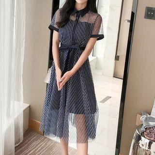 Striped Short Sleeve Collared Mesh Dress