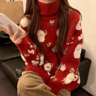 Patterned Turtleneck Sweater Red - One Size