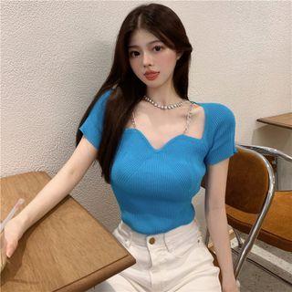 Chain Square-neck Knit Top Blue - One Size