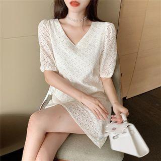 V-neck Eyelet-lace Lace-up Dress