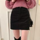 Plain High-waist Slim-fit Corduroy Side-slit Skirt