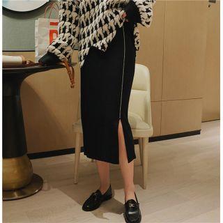 Rhinestone Stripe Slit Knit Pencil Skirt