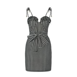 Shoulder-tie Plaid Sheath Mini Dress