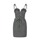 Shoulder-tie Plaid Sheath Mini Dress