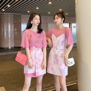 Short-sleeve Printed Mini T-shirt Dress / Short-sleeve T-shirt / Mini A-line Skirt / Set