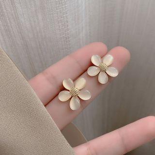 Flower Faux Cat Eye Stone Alloy Earring 1 Pair - Gold & Beige - One Size