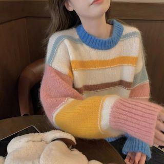Striped Fluffy Sweater Yellow & Pink & Blue - One Size