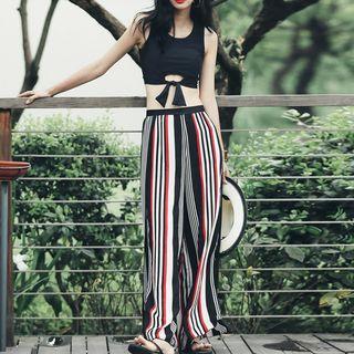 Set: Plain Tankini + Striped Wide Leg Pants
