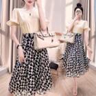 Puff-sleeve Blouse / Heart Print Skirt
