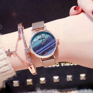 Set: Mesh Strap Watch + Rhinestone Bangle