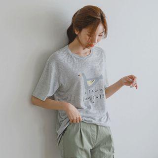 Seagull Printed Linen Blend Striped T-shirt