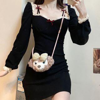 Off-shoulder Lace Trim Shaping Knit Dress