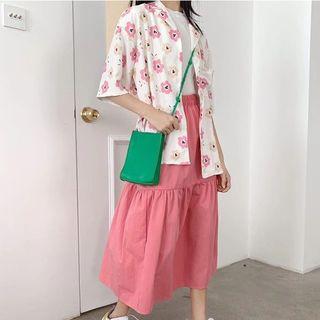 Elbow-sleeve Floral Shirt / Midi A-line Skirt