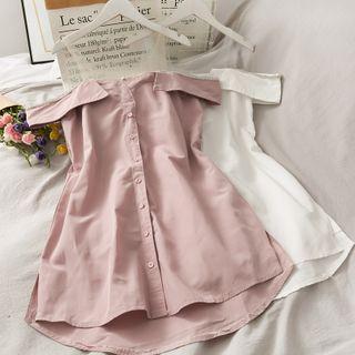 Mesh-panel Off-shoulder Mini Shirtdress
