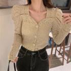 V-neck Plain Lace Puff-sleeve Top