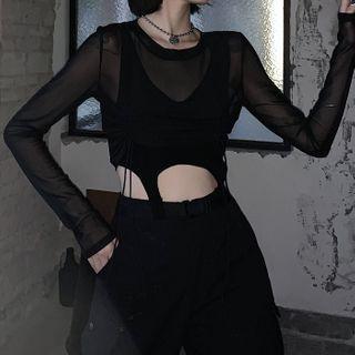 Long-sleeve Drawstring Buckled Cropped T-shirt