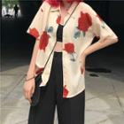 Elbow-sleeve Rose Printed Shirt As Shown In Figure - One Size