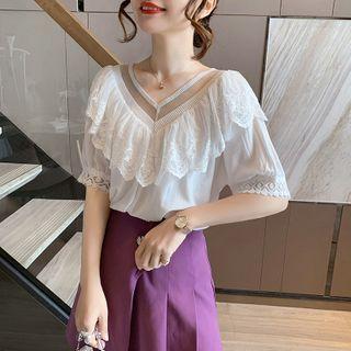 Lace Chiffon Puff-sleeve Top