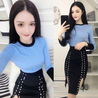 Set: Contrast Trim Long-sleeve Knit Top + Studded Side-slit High-waist Pencil Skirt