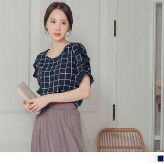 Ruffle Trim Short-sleeve Plaid Round Neck Top