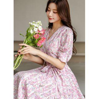 Puff-sleeve Floral Midi Wrap Dress With Sash