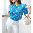 Short-sleeve Sequined Trim Knit Top Sky Blue - One Size