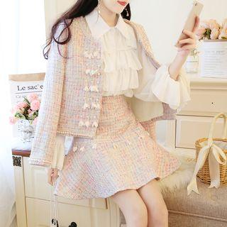 Set: Flower Beaded Jacket + Ruffle Mini Skirt / Beaded Jacket + Skirt + Ruffle Chiffon Blouse