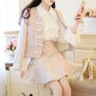 Set: Flower Beaded Jacket + Ruffle Mini Skirt / Beaded Jacket + Skirt + Ruffle Chiffon Blouse