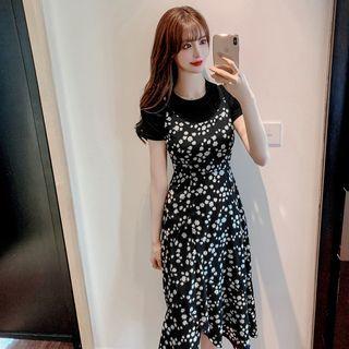 Set: Short-sleeve Top + Spaghetti Strap Floral Midi Dress