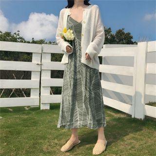 Pointelle Knit Cardigan / Printed Spaghetti Strap Midi Shift Dress