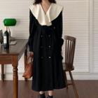 Long-sleeve Double-breasted Midi Collared Dress Black - One Size