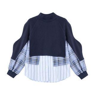 Plaid Panel Sweatshirt Plaid Panel - Navy Blue - One Size