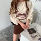 Crewneck Plain Long-sleeve Top / Striped Knit Sleeveless Top