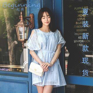 Cold Shoulder Short-sleeve Tie-waist Lace Dress