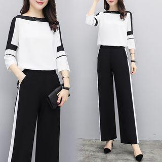 Set: Color Block 3/4-sleeve T-shirt + High Waist Wide-leg Pants