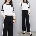 Set: Color Block 3/4-sleeve T-shirt + High Waist Wide-leg Pants
