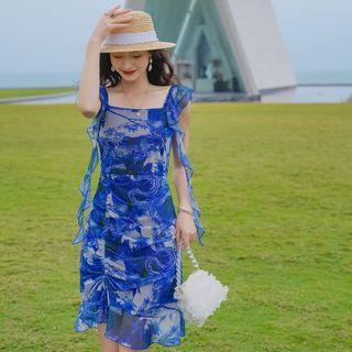 Sleeveless Floral Print Drawstring A-line Dress