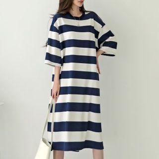 Elbow-sleeve Stripe Midi T-shirt Dress