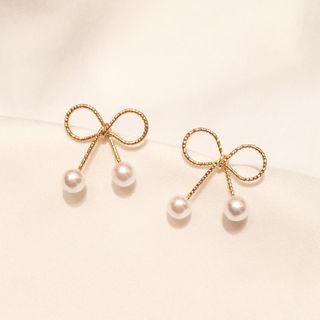 925 Sterling Silver Bow Stud Earring 1 Pair - S925 Silver - Gold & White - One Size