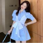 Set: Short-sleeve Mini A-line Shirt Dress + Vest Blue - One Size