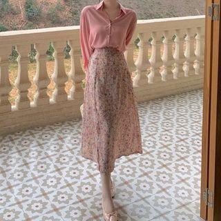 Long-sleeve Shirt / Floral Print Slit Midi A-line Skirt