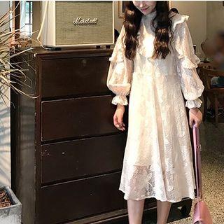 Long-sleeve Midi Lace Dress Almond - One Size