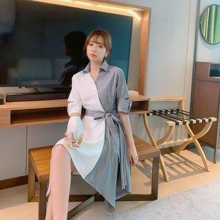 Elbow-sleeve Stripe Panel Midi Shirtdress
